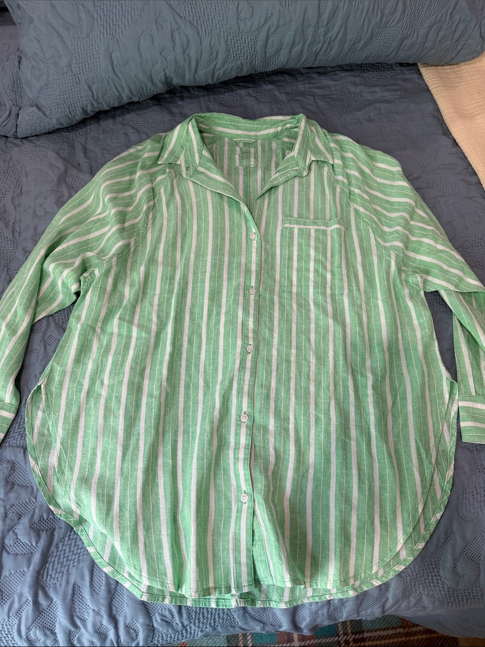 aerie Green & White Striped Button-Down Shirt Oversized XS American Eagle AE